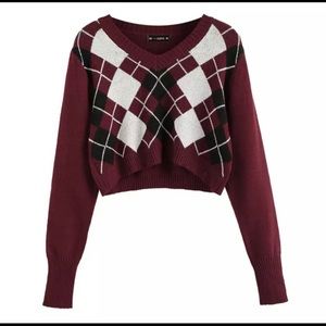 Preppy Wine Red Argyle Print Cropped Sweater